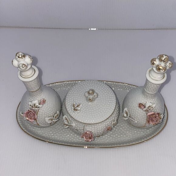 Vintage Porcelain Vanity Set Textured Hobnail White With 3D Floral Design Japan - Picture 10 of 12